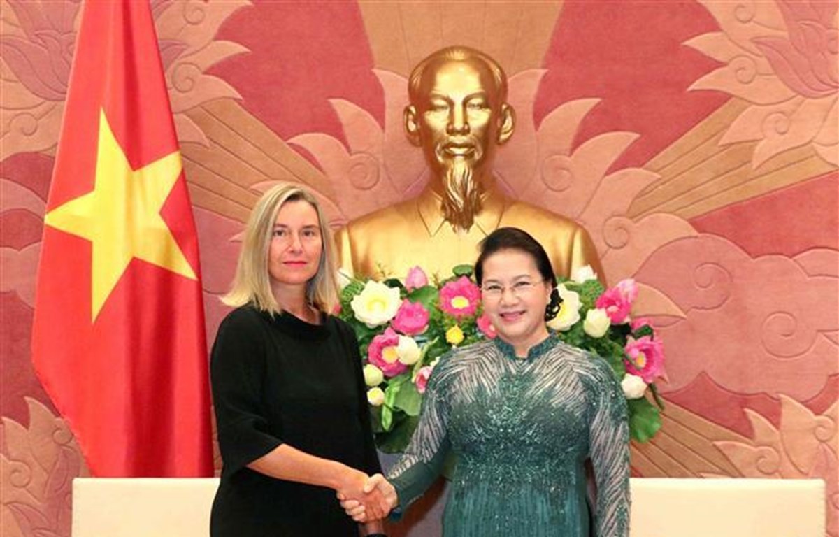 Председатель Нгуен Тхи Ким Нган приняла г-жу Федерику Могерини, Зампредседателя ЕК, Верховного представителя ЕС по внешней политике и безопасности. Фото ВИА