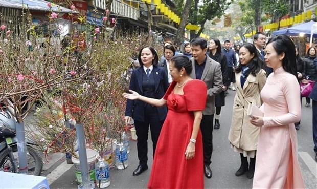 Супруга президента Вьетнама и супруга президента Филиппин посетили цветочныи новогоднии рынок на улице Ханглыок hinh anh 1