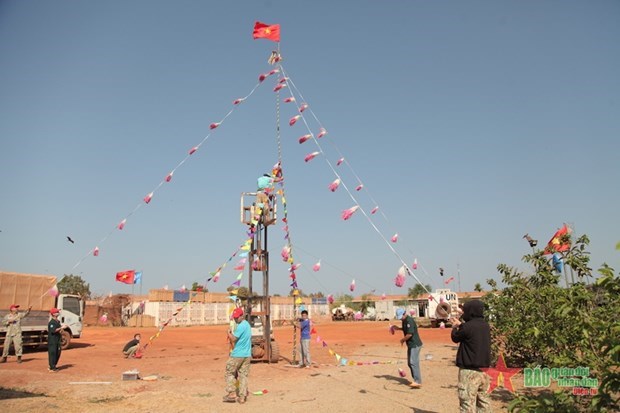 Вьетнамские миротворцы в Южном Судане установили традиционное новогоднее дерево на Тэт hinh anh 1