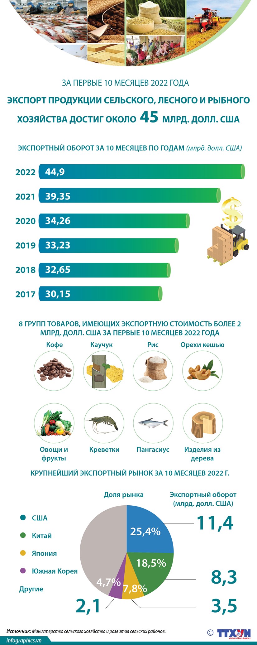 Экспорт продукции сельского, лесного и рыбного хозяиства достиг около 45 млрд. долл. США за первые 10 месяцев 2022 года hinh anh 1